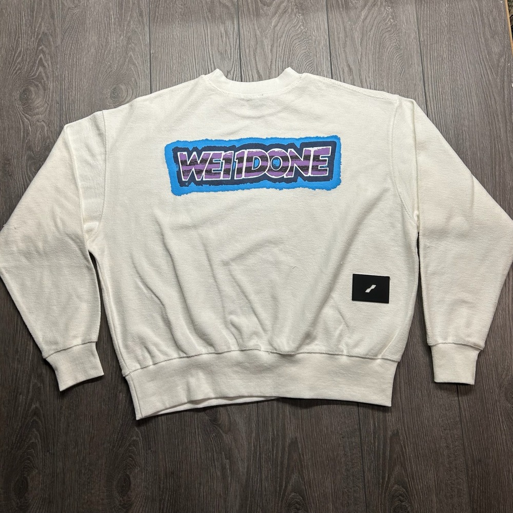 WE11DONE Mens White Graphic Small Crewneck Sweatshirt Made in Korea